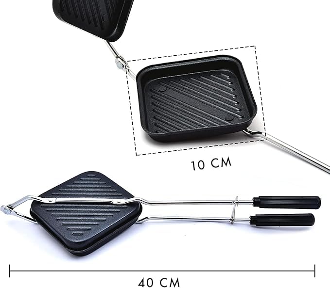 Image of Non-Stick Grill Sandwich Toaster Gas Stove Compatible, Easy to Clean, Ideal for Grilled Sandwiches, Paninis & Tikkas | Durable Aluminium Body (Black)