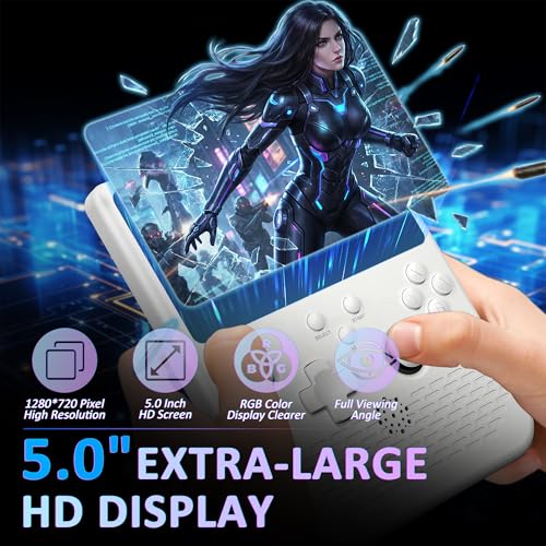 Image of H5 Retro Gaming Console, 5.0 Inch IPS HD Screen Handheld Game Console, 256GB TF Card Build-in 40000+ Classic Games, Portable Video Arcade Support 34+ Emulators with 4000mAh Battery, White