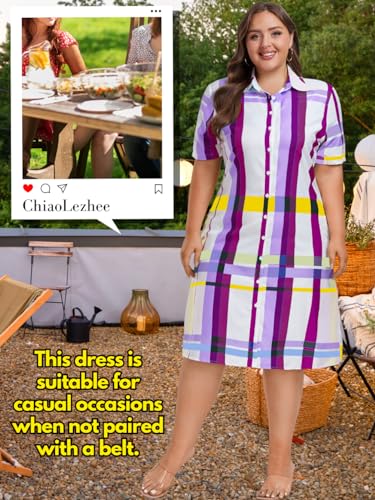 Image of ChiaoLezhee Plus Size Shirt Dress, Colorful Plaid Match Waistband, Fits 1XL-5XL