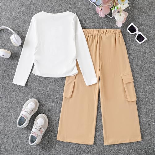 Image of Azmxynol Girls Clothes 2 Piece Outfit Ribbed T-Shirt Top + Cargo Pants, Girls Fall Clothing Set, Sizes 5-16 Years