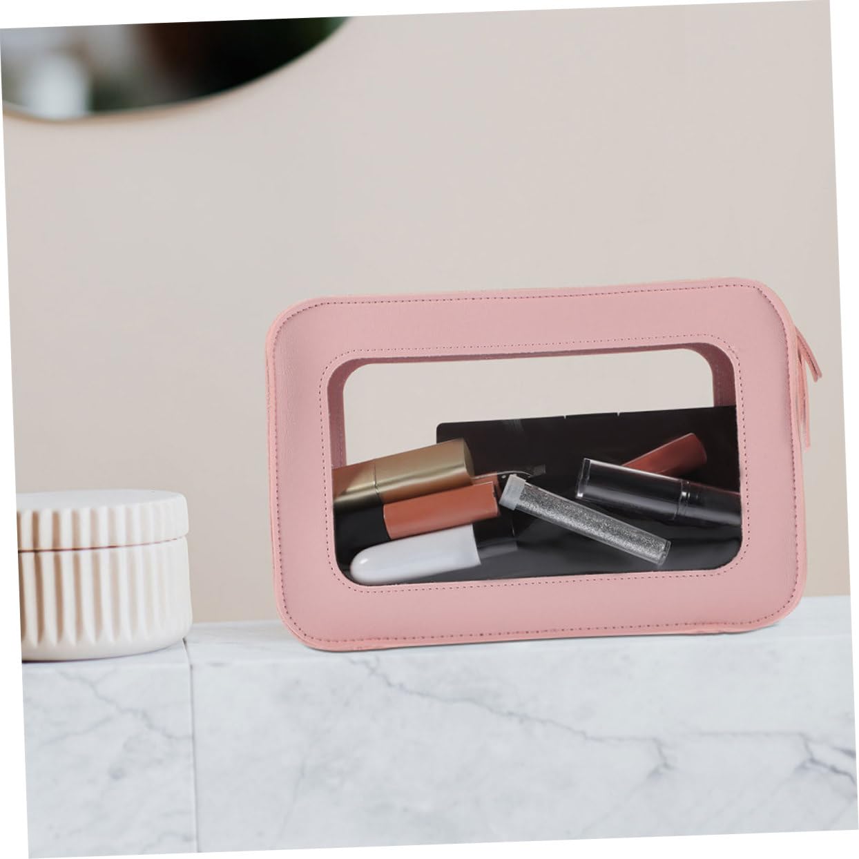 Neceser de Viaje de PVC Transparente Cremallera, 2 Piezas Rosa