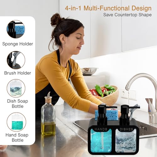 Image of 4-in-1 Kitchen Sink Soap Dispenser Set - Dual Pump for Hand & Dish Soap, Sponge & Brush Holder, Refillable Sink Organizer (Black)