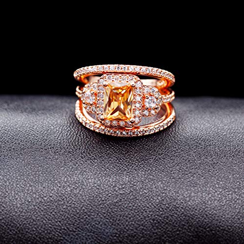 Uloveido 3pcs Rose Gold Plated Emerald Cut Orange AAA Cubic Zirconia 3-Stone Cross Engagement Wedding Rings Set Gift (Size 6 7 8 9 10) Y4344