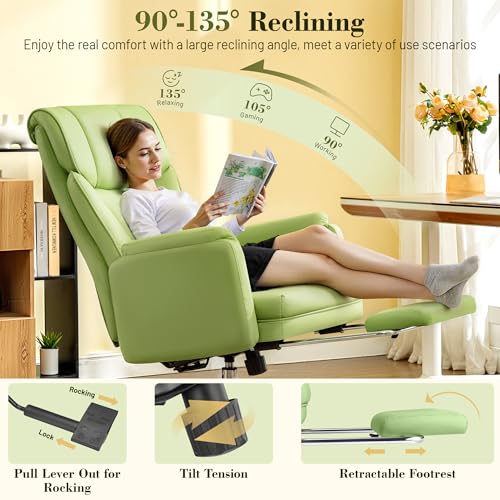 Image of Big and Tall Office Chair, 400LBS Wide Leather Gaming Chair with Footrest, High Back Executive Chair, Reversible Armrest for Pets, 135 Reclining Cross Legged Chair with Lumbar Support(Avocado Green)