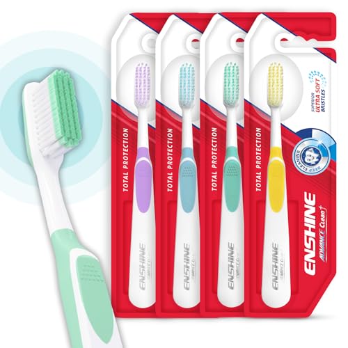 Image of Enshine Advance Clean + Toothbrush Set | Ultra Soft Bristles, Compact Brush Head & Effective Tongue Cleaner | Complete Oral Care Manual Tooth Brush Set for Adults - Pack of 4 (Multicolor)