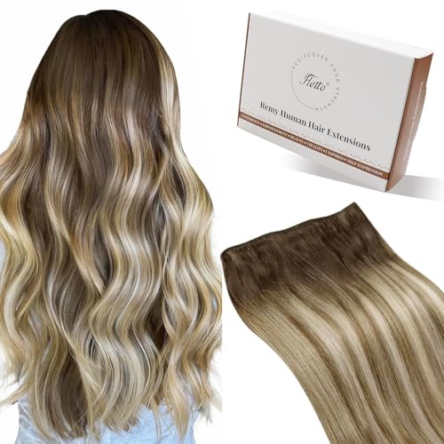 Hetto Extensiones Pelo Cortina Natural Liso Extensiones Cortina de Pelo Humano Marrón Oscuro a Marrón Medio y Rubio Medio Extensiones Tejido Cabello Humano Real 16 Pulgadas 80g...