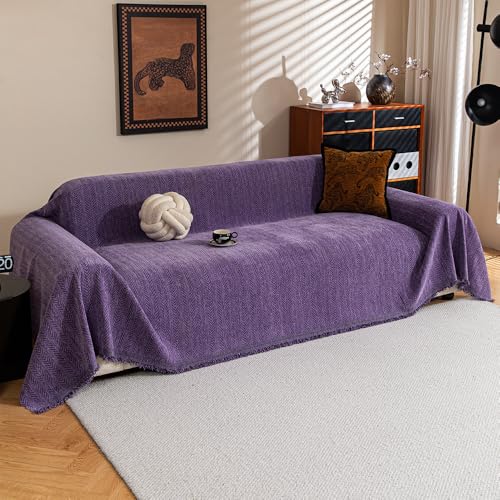 Sofa Covers for 3 Cushion Couch Seat Loveseat Non Slip Couch Cover Chenille Strip Couch Throw Blankets with Tassels Sectional Sofa Slipcovers Furniture Protector for Pets Kids 71x134 Purple