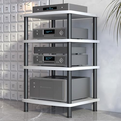 Image of Modern AV Media Stand, 3-Tier Stereo Cabinet with Carbon Steel Frame, Wooden Storage for TV, DVD Players & Accessories(White,4 Tier 60x54x89CM)