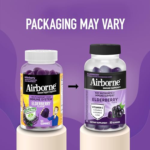 Image of Airborne Elderberry + Zinc & Vitamin C Gummies For Adults, Immune Support Vitamin D & Zinc Gummies With Powerful Antioxidant Vitamins C D & E - 50 Gummies, Elderberry Flavor | Powerful Antioxidants, Elderberry Flavor, Immune Support Supplements, Immune health, Gummies for Adults, Multivitamin, Tasty