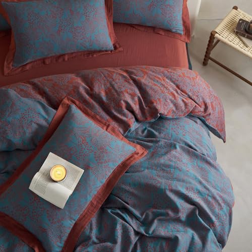VM VOUGEMARKET Jacquard Duvet Cover Set King,Yarn-Dyed Cotton Blue Red Tree Leaves Duvet Cover Bordered,Reversible Farmhouse Style Bedding Set King