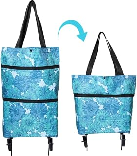 Foldable Shopping Bag with Wheels : Collapsible Trolley Bag on Wheels for Women Reusable Multi-Function Shopping Travel Tote Bag