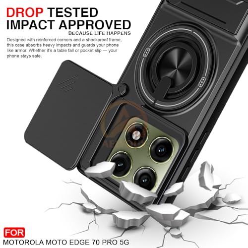 Image of Moto Edge 70 Pro / 70 pro Plus 5g Back Cover | Armor Camera Slider 360 Degree Rotating Finger Ring Holder Case with Bracket Stand Back Case Cover (Compatible with MagSafe Accessories) (Black)
