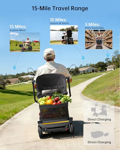 Image of 4 Wheel Mobility Scooter for Seniors & Adults, Foldable Portable Motorized Electric Scooters with Removable Battery for 15 Miles Travel, 330 LB Capacity, Dual Baskets & Rotating Seat (Red)