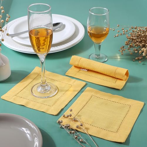 Image of Fingercraft Cotton Cocktail Napkins 6x6 Inches - Set of 12 Reusable Cloth Beverage Coasters with Elegant Ladder Hemstitch - Perfect for Parties, Bars & Home Use (Yellow Slub)