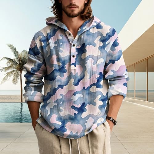Men's Camo Hoodie Novelty Print Button Down Hooded Sweatshirt Long Sleeve Fall Loose Stylish Casual Outdoor Pullover2
