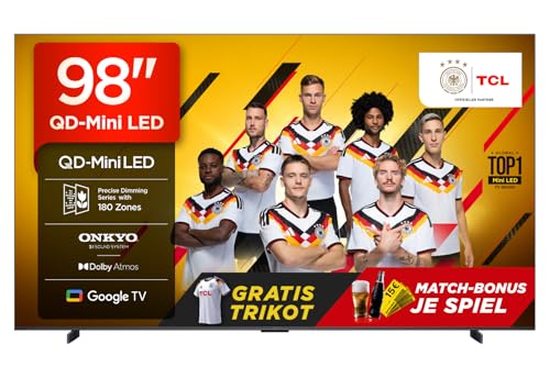 TCL 98Q6C 98 Zoll QD-Mini LED Fernseher, 4K HDR Premium 1000nits, Smart TV mit Google TV (Dolby Vision IQ & Atmos, Onkyo 2.1 Soundsystem, 144Hz Motion Clarity Pro, Game Master)