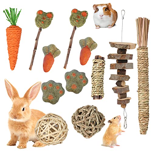 Zokbom 12 Stück Hasen Spielzeug, Hamster Kauspielzeug, Grasball Timothy heu Natürlich Apfelholz Zahnpflege Molar Backenzahnspielzeug für Kaninchen Chinchilla Meerschweinchen nager Kleintier Cover