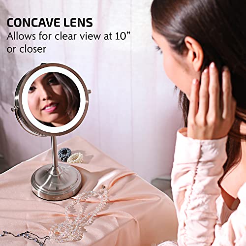 Image of OVENTE 7'' Lighted Tabletop Makeup Mirror, 1X & 7X Magnifier, Spinning Double Sided Round LED, Great for Vanity, Bath, & Bedroom, Battery Powered, Nickel Brushed MCT70BR1X7X (Pack of 2)