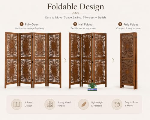 Image of Wooden Room Divider Partition for Living Room | Foldable 4 Panel Decorative Privacy Screen Separator for Home, Office & Bedroom | Modern Natural Brown