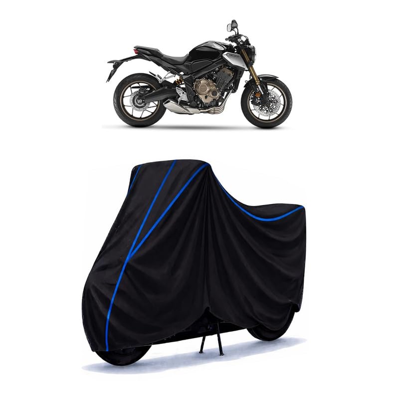 Image of CBR 650 Bike Cover Water Resistant Universal Motorcycle Rain | Heavy Duty UV Protection, Dust, Scratch Indoor Outdoor All Weather with Black Blue Piping Elastic