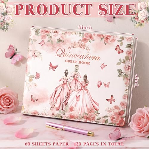 Image of MotiMind Quinceanera Guest Book with Pen 11 x 8 Inch Libro De Firmas Para 15 Anos Quinceanera Leather Hardcover Signature Book Guest Sign in for 15th Party Favors Decoration(Pink,Princess)