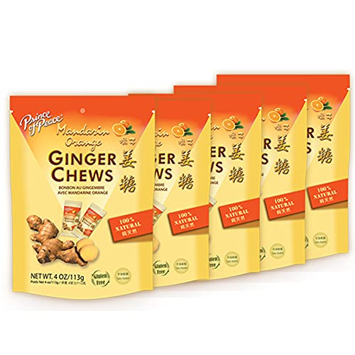 Prince of Peace Ginger Chews with Mandarin Orange, 4 oz. â€“ Candied Ginger â€“ Orange Candy â€“ Orange Ginger Chews â€“ Natural Candy â€“ Ginger Candy for Nausea - 5 Pack