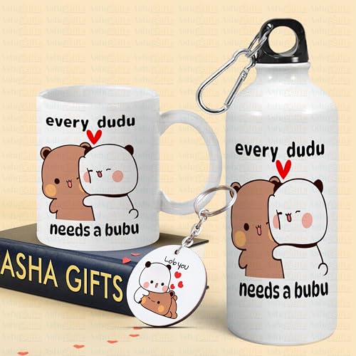 Image of Bubu Dudu Love Gift for Birthday /Anniversary Sipper Water Bottle 750 ML Aluminium with 320 ML Coffee Mug, Wooden Keychain Combo Pack MSK-V (Design-9)