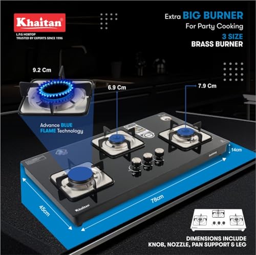 Khaitan RockStrong TITAN Automatic 3 Burner Premium HobTop | Xpress Brass Burner | Toughened Glass Cooktop | ISI Certified | 1+2 Years Extended... - Image 2