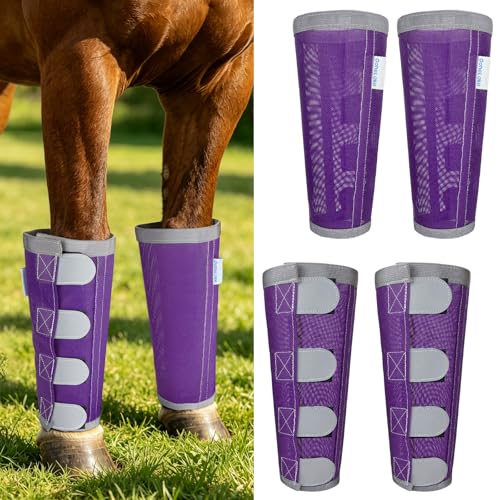 Image of Reflective Horse Fly Boots Set of 4, Loose Fitting Leggings for Horses, Equine Fly Leg Wraps Socks for 4 Legs, Breathable Adjustable and Universal Fit, Reliable Stay Put and on (Purple)