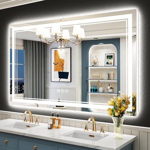 AWANDEE 55x36 LED Bathroom Mirror with Lights, Backlit + Front Lit, Anti-Fog Lighted Vanity Mirror...