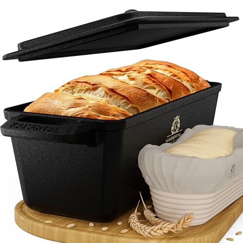Kaisertal - Molde para pan de hierro fundido con tapa y cesta de fermentación de 28 cm, robusta olla de hierro fundido para hornear, ideal como molde para pan, pan y moldes para pan, incluye