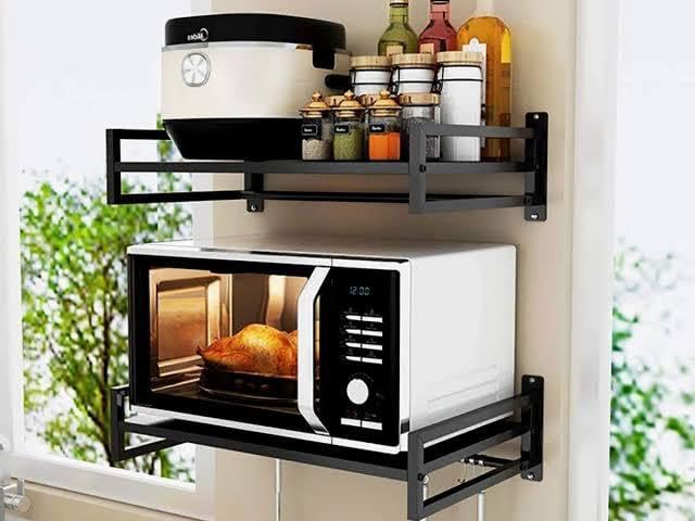 Wall Mounted Microwave Stand with Storage Shelf, Metal Kitchen Rack with Hooks, Black (2)-image-48