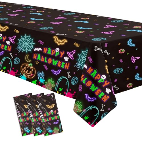 Neon Halloween Decorations Tablecloth for Kids, 3 Pack Disposable...