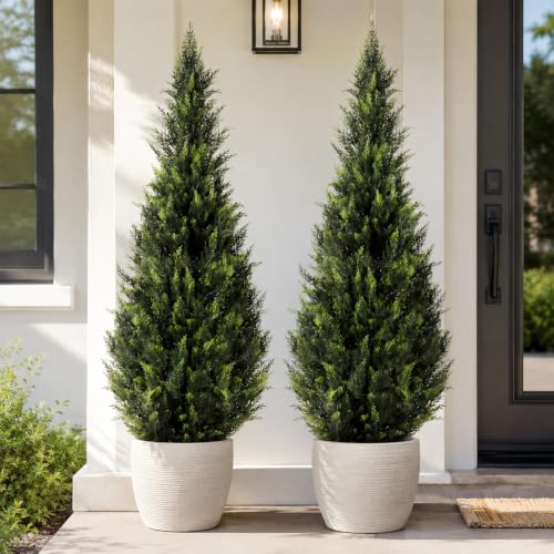 Image of Artificial Cedar Topiary Trees, 5 FT UV Resistant Faux Boxwood Plants,Front Porch Decorations Outdoor,Realistic Evergreen Cypress for Patio Decor Set of 2