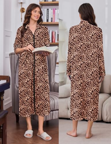 Image of Ekouaer Women Zipper Robes Long Sleeve Lightweight House Coats with Pockets