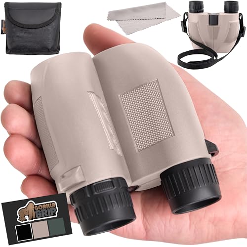 GORILLA GRIP 10x25 Compact Binoculars for Adults with Strap, Superior High Powered Clear 10X Magnification, Lightweight, Bird Watching, Hunting, Stargazing, Adjustable Eye Cups, Khaki