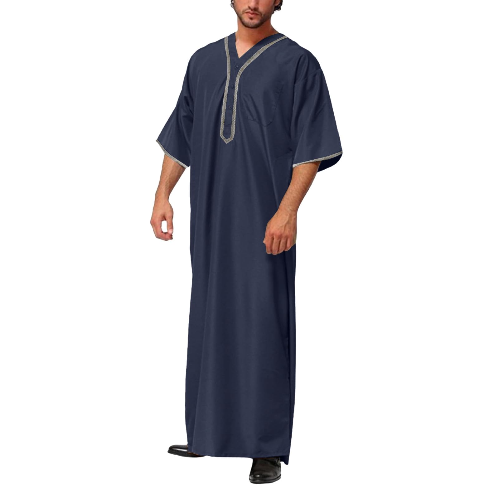 Caftán Hombre Algodón Lino Verano Cool Jilbab con Cuello en V Abaya Musulmán Árabe Islámico Ropa Regalos Ramadán Burka Disfraz Islámico Royalty Dubai Robe