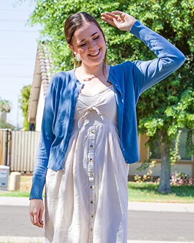 Newshows Women's 2023 Lightweight Button Down Long Sleeve Fall Fashion Crew Neck Soft Knit Cardigan Sweater Tops(Gray Blue 02,Large) #TOP3