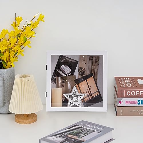 Image of Muzilife 11x11 Shadow Box Picture Frame - 2.16 inch Interior Deep Wood & Glass Square Display Case Ready to Hang Memory Box Baby Sports Memorabilia, Pins, Awards, Tickets, and Photos, White