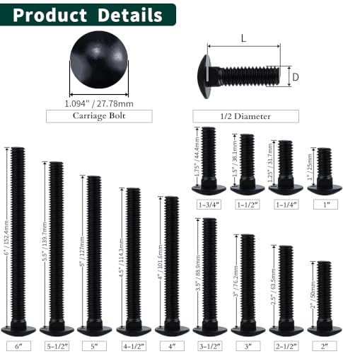Image of 1 /2-13 x 1-1 /2 inch Black Steel Carriage Bolts, 304 Stainless Steel 18-8, Round Domed Head Square Neck Carriage Bolts Screws, Coarse Thread UNC, 8 PCS