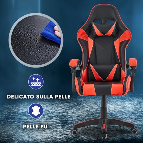 Sedia da gaming, ergonomica, da ufficio, da gaming, schienale regolabile, sedia girevole da corsa, ufficio, computer, ergonomica, videogioco (Rosso) - Sedia gaming - Immagine 3