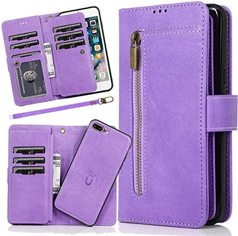 Zipper Wallet Case iPhone 7 Plus Women Girl Card Holder Purse Detachable Magnetic Case Leather Flip Folio Cover with Strap Coin Pouch Phone Holder iPhone 8 Plus Protective Phone Case Purple
