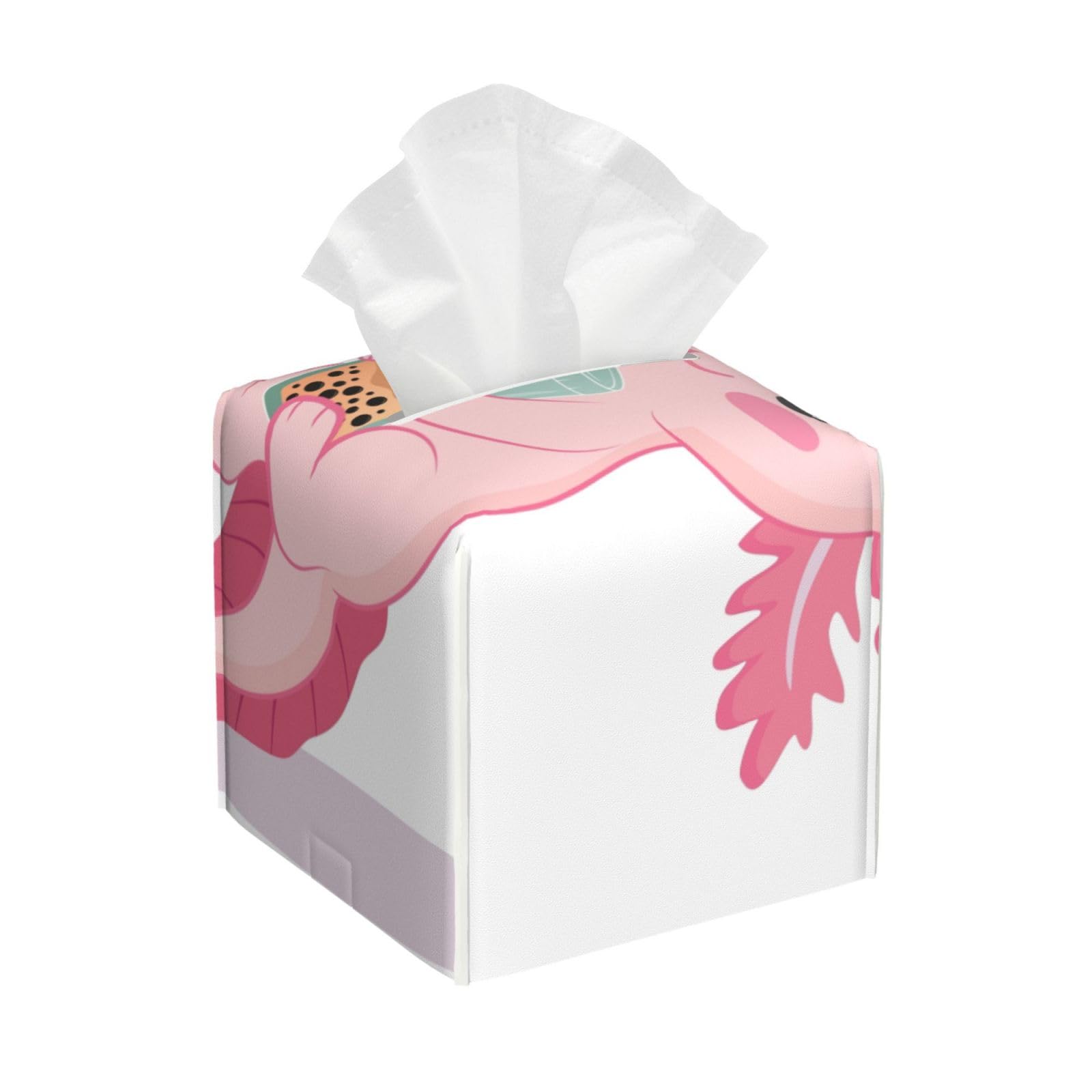 Axolotl Drinking Boba Tea Square Tissue Box Cover with Modern and Stylish Bottom Tissue Box Storage Space
