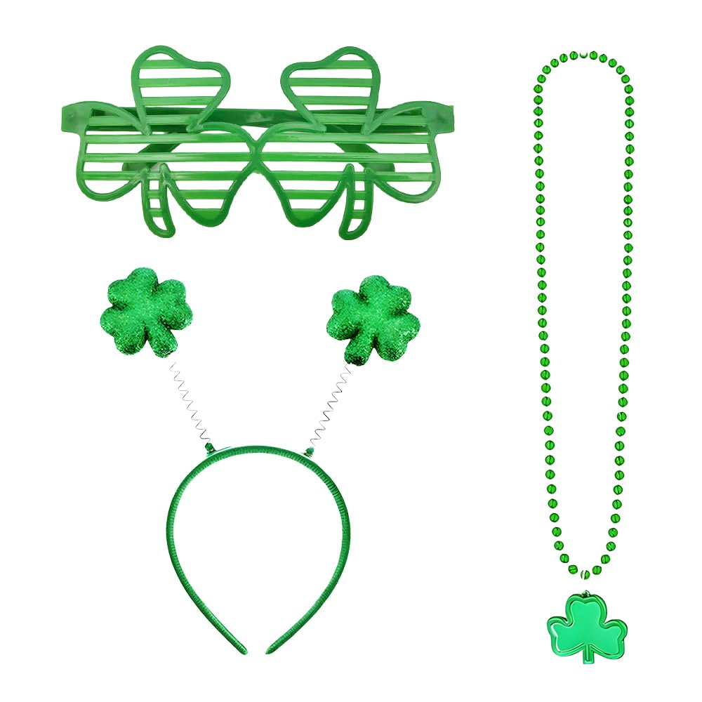 XinJiHongQiong 3 Pcs St Patrick Day Accessories, St Patricks Day Shamrock Headbands Glasses Necklaces for Saint Patricks Day's Party Supplies Decoration Costume Accessories