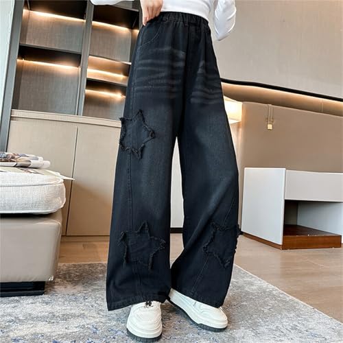 Teen Girls Star Patchwork Baggy Jeans Straight Leg High Waisted Denim Pants Elastic Waist Denim Trousers with Pockets3