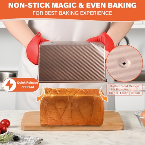 Image of Pullman Loaf Pan with Lid, 2 Pack 1 lb Dough Capacity for Homemade Bread, Non-stick Corrugated Carbon Steel Bread Toast Box with Cover for Bakeware, Sandwich & Toast Oven Baking, Gold