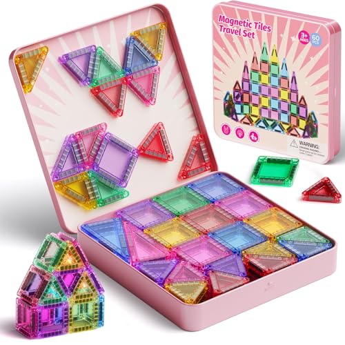 iburge Magnetische Bausteine Reisespielzeug 60-teiliges Mini Magnetbausteine Reiseset mit Metallbox für Kinder Autofahrten Flugzeuge Reisen Geschenk Jungen und Mädchen ab 3 Jahren