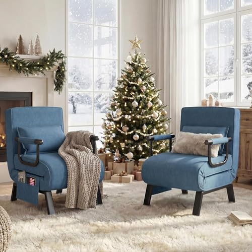 Image of TYBOATLE Sleeper Chair Bed Set of 2, Small Folding Sofa Bed, Azure Blue | Comfy, Small, Cozy, Convertible, 5 in 1, Adjustable Backrest, Side Pockets, Pillow, Small Spaces, Office, Dorm