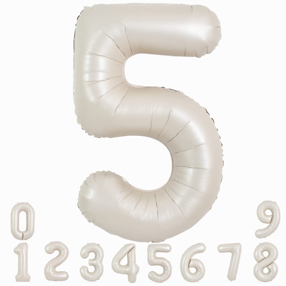 TONIFUL40 Inch Cream White Large Numbers Balloon 0-9 Birthday Party Decorations,Foil Mylar Big Number 5 Balloon Digital Five for Birthday, Wedding, Bridal Shower Engagement Photo Shoot, Anniversary