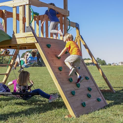 Backyard Discovery Endeavor All Cedar Wood Swing Set Playset for Backyard with Large Clubhouse Wave Slide Rope Ladder Rock Climbing Wall Wave Slide 2 Belt Swings and 1 Web Swing Gift for Ages 3-10 - image 6